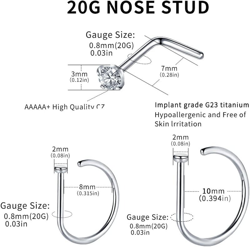VOJO G23 Titanium 20G Nose Rings Hoops L Shaped Screw Nose Studs Diamond Small Piercing Jewelry for Women Men - Image 3